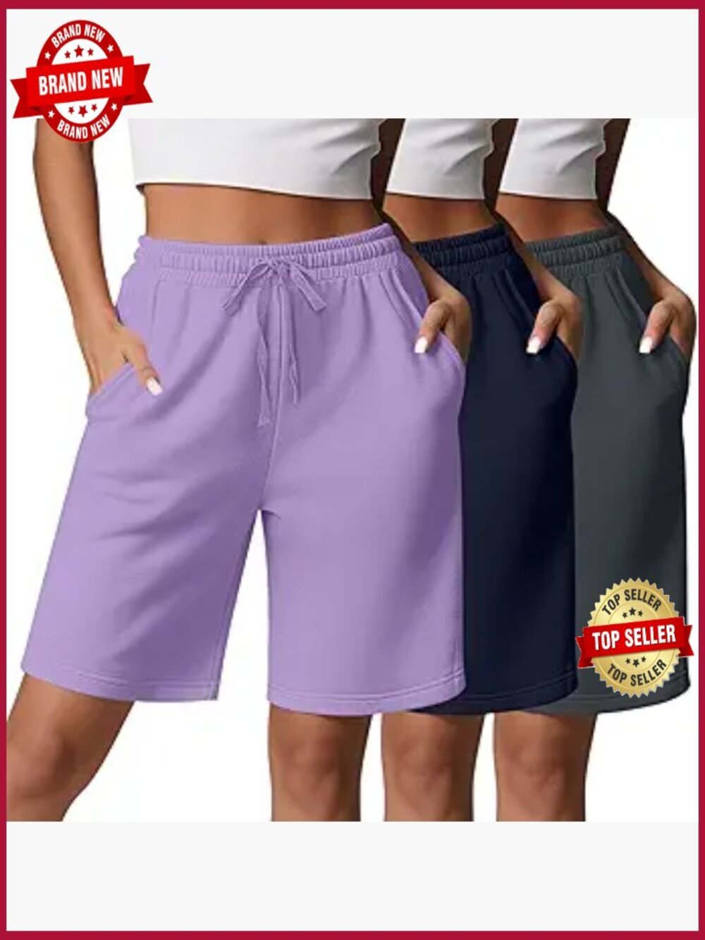 3 Pack High Waisted Knee Length Bermuda Shorts with Pockets